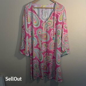 WB Women's XL Pink Paisley Bohemian Tunic Dress 3/4 Sleeve V-Neck